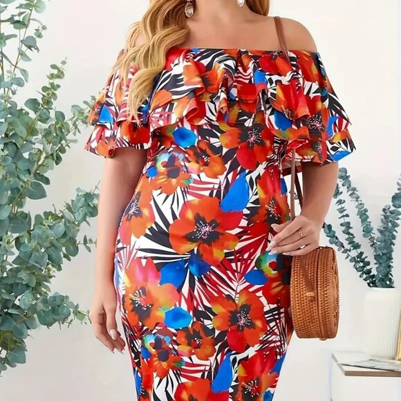 Women's Plus Size Off the Shoulder Floral Print Bodycon Holiday Summer Dress 20W - Picture 1 of 7